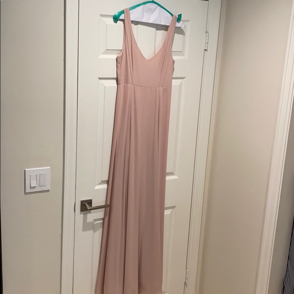 Blush pink gown with sash.